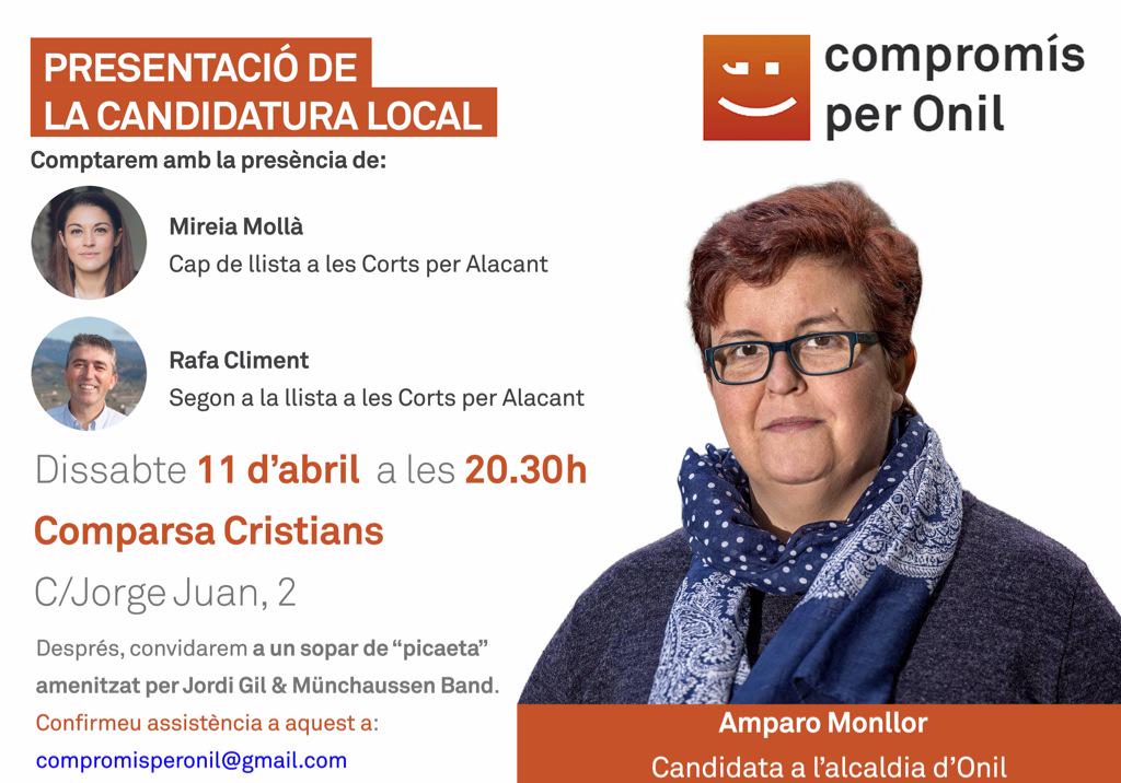 CompromisOnil's tweet photo. Quedeu convidats/des a la presentació de la nostra candidatura ;) #TornaASomriure @MireiaMolla @Rafa_Climentg http://t.co/bce0B6FDNi