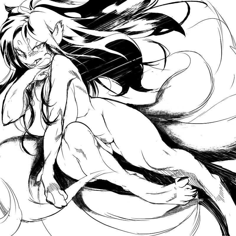 白黒絵練習 めっちゃ血がでてる黒髪単眼ちゃんとほんのりケモ足のおねえちゃん 