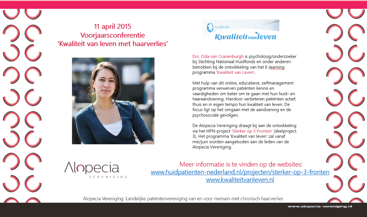 AlopeciaVerenig's tweet photo. 11 april: #Alopecia Voorjaarsconferentie: 'Kwaliteit van leven met alopecia'. Nog 6 dagen! Met oa Oda van Cranenburgh http://t.co/Ahe0WTjwxn