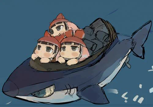 今描いている絵の中のサメメカに乗るエビモモさんたちですの(*'∀`*)ウヒヒヒ 