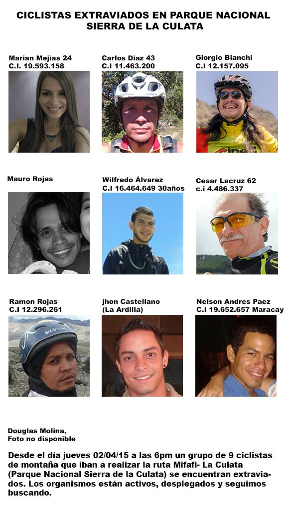 leoperiodista's tweet photo. Estos son los 9 ciclistas extraviados desde el Jueves Santo(2-5-15) en el Parque Nac "Sierra La Culata".. http://t.co/FF6qGXMYyl