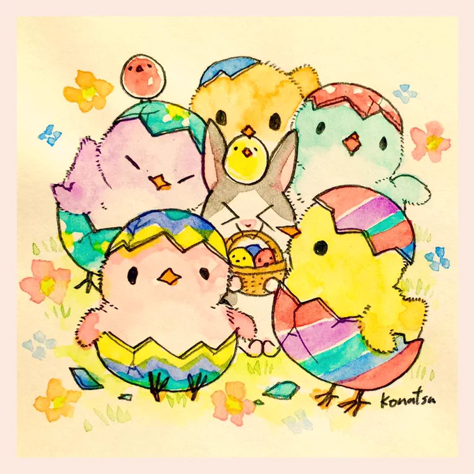イースターヒヨコにむぎゅ〜されるウサギちゃん 
