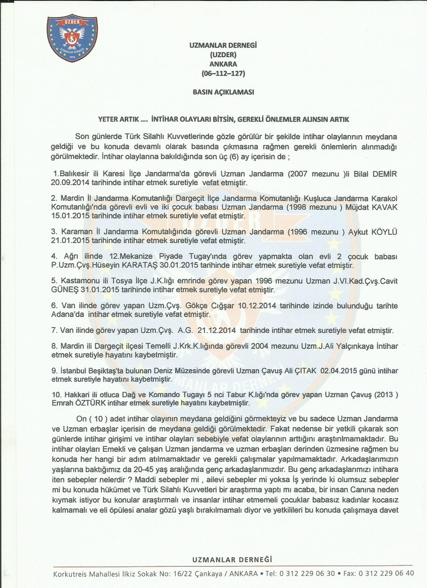 uzder06's tweet photo. @mesutyar UZMANLAR DERNEĞİ ( UZDER ) BASIN AÇIKLAMASI 

İNTİHARLARA SON VERİLSİN BİRİLERİ DUR DESİN. http://t.co/tbIwPjKnyX
