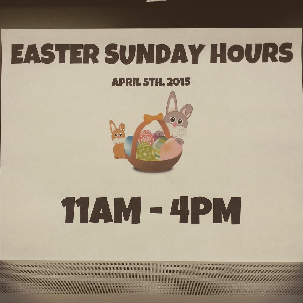 Happy Easter!   Hours today are from 11am - 4pm.