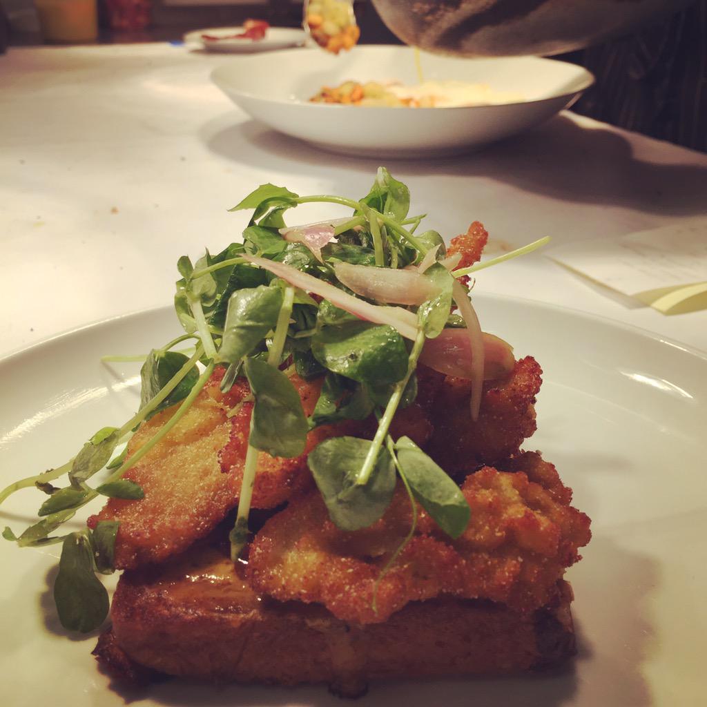PiedmontDurham's tweet photo. Just right for Spring: pimento cheese rarebit with #friedoysters, @fourleaffarm pea tendrils and @loafdurham brioche http://t.co/BNbi7jEFW8