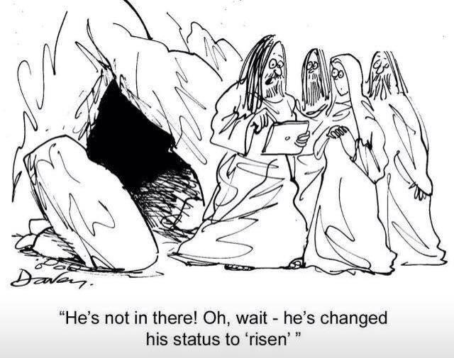 GrahamRKings's tweet photo. Cartoon: Jesus changes his #Facebook status to 'Risen' http://t.co/F8sdF387ML