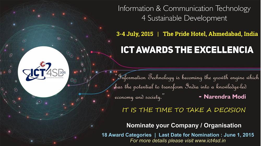 ict4sd2015's tweet photo. ICT AWARDS THE EXCELLENCIA
TIME TO TAKE A DECISION @ ICT4SD (http://t.co/EsJdogA7N9)
3-4 July 2015 | Ahmedabad, INDIA http://t.co/YpOv8uj0kN