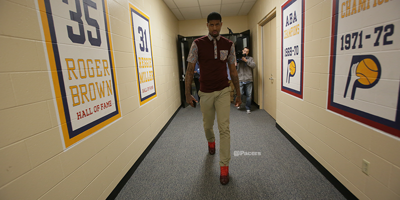 Pacers's tweet photo. Paul George arrives to @TheFieldhouse for tonight's game: http://t.co/S6w6eZO21Z