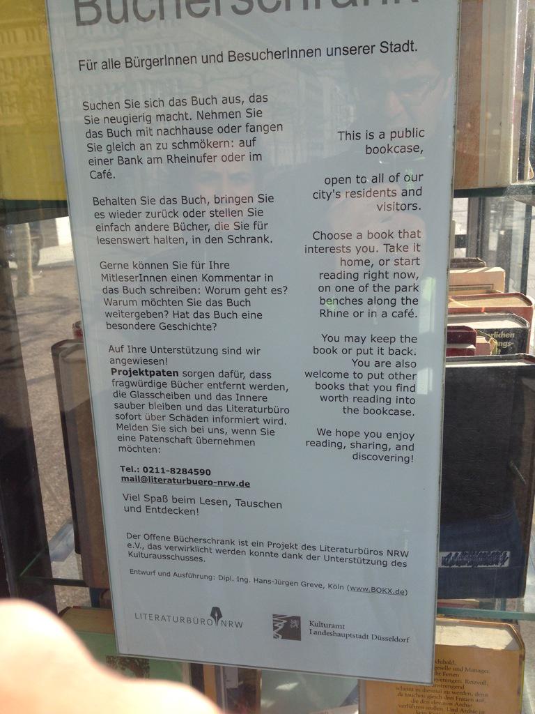 Geetly's tweet photo. Love love love this idea of public book booths in #Dusseldorf . Do any other places have these? #BookNerd http://t.co/AHkJ3dxKtu