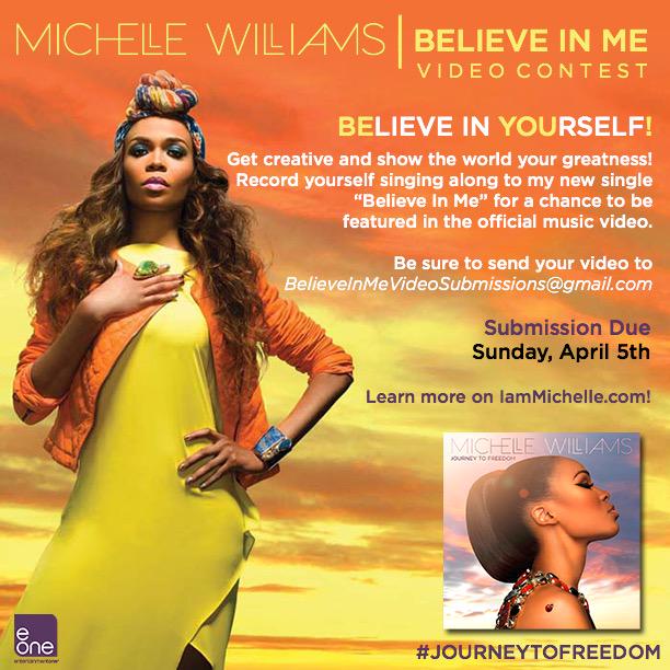RealMichelleW's tweet photo. Today is the LAST DAY to submit your clip to be featured in my music video for "Believe In Me"! Don't miss out! http://t.co/UGJgWDEgU2