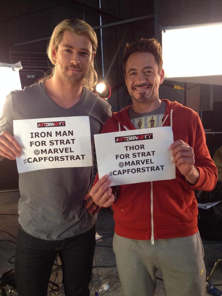 luisa_law's tweet photo. @Marvel #CapForStrat @RobertDowneyJr @chrishemsworth HEROES. http://t.co/KI5gIF2gFI