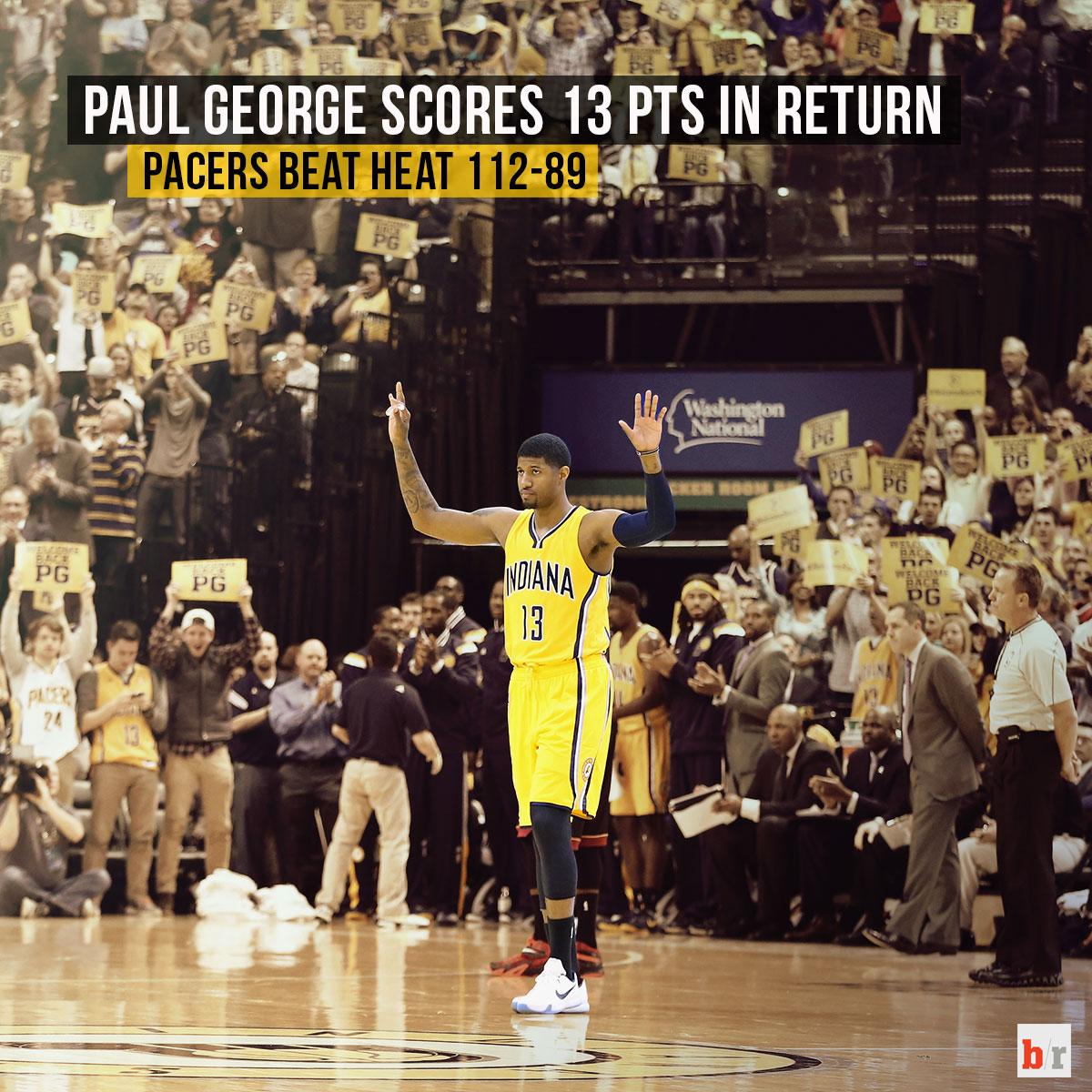 BleacherReport's tweet photo. PG-13 scores 13 in his return! He also grabbed 2 boards, 2 assists and 2 steals in Indiana’s win over Miami. http://t.co/h5W2bBVhmI