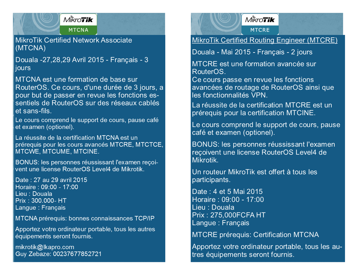 LKAGROUPE's tweet photo. MTCNA &amp; MTCRE Formation Douala - Cameroun

#MTCNA #MTCRE #MIKROTIK #Formation #Africa #Router http://t.co/cHBydWBLY2
