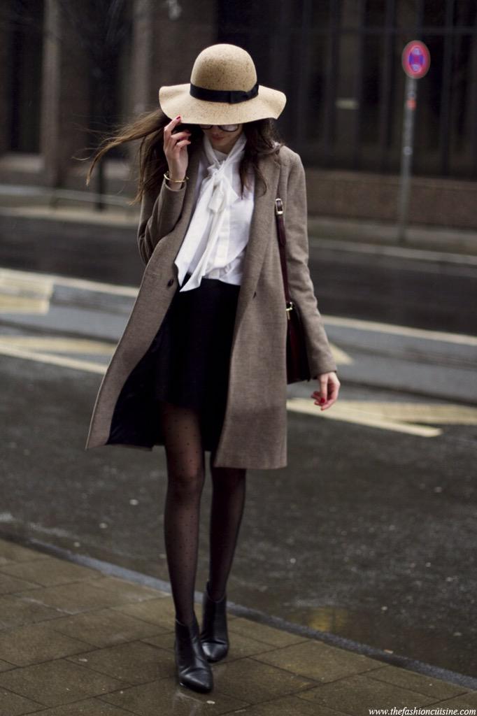 FashioninUK's tweet photo. A beige #Zara mac coat with a white #Gnossem blouse, a mini skirt from #Asos & a #Forever21 floppy hat #streetstyle http://t.co/3tT2NnsfTz