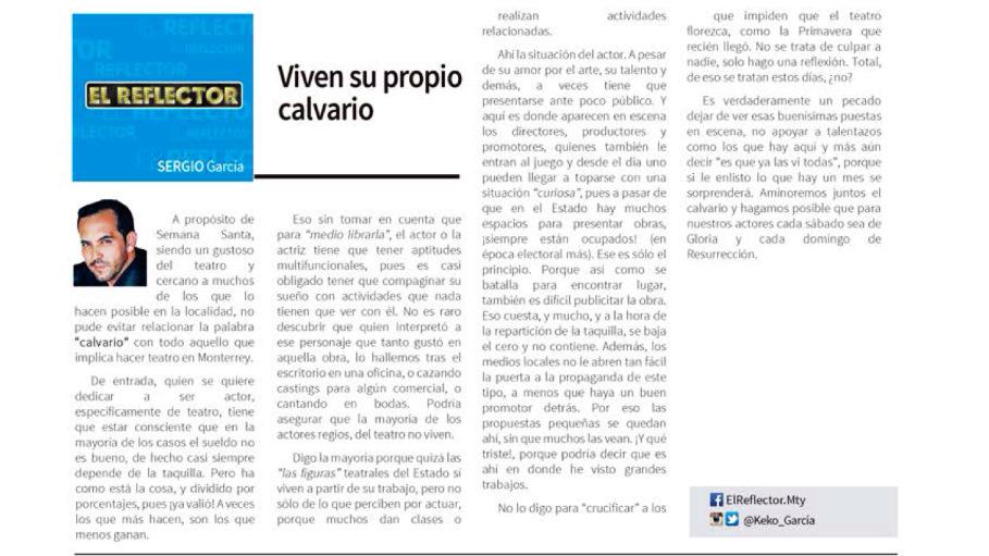 Keko_Garcia's tweet photo. A propósito de la #SemanaSanta y mi gusto por el #Teatro. Aquí mi colaboración en la revista @EnfoqueMty #Mty http://t.co/HH6teqNPEf