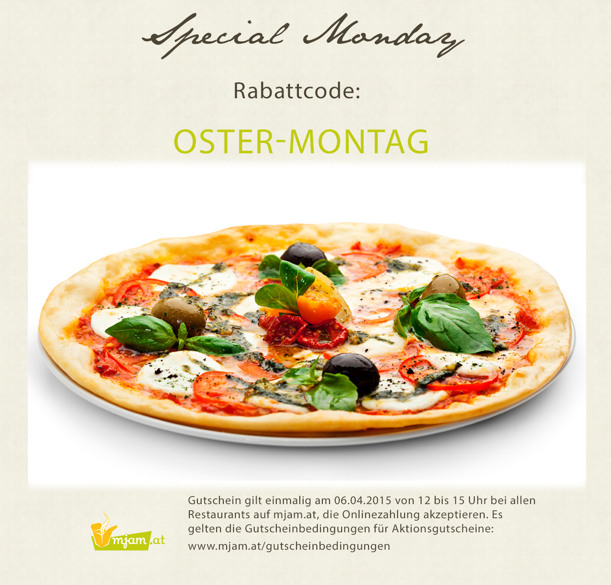 foodora_at's tweet photo. Wir wünschen allen einen schönen #Ostermontag! Mit dem #MjamMonday Code gibt es heute zwischen 12-15 Uhr 5€ Rabatt http://t.co/ZkmzYCxIRA