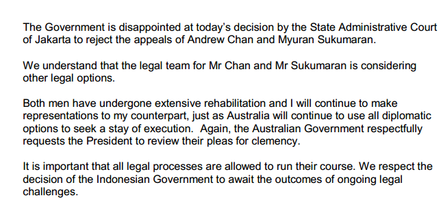 9NewsAUS's tweet photo. Foreign Minister @JulieBishopMP releases statement regarding the rejection of Bali Nine ringleader appeals. #9News http://t.co/OXNKvsOZde