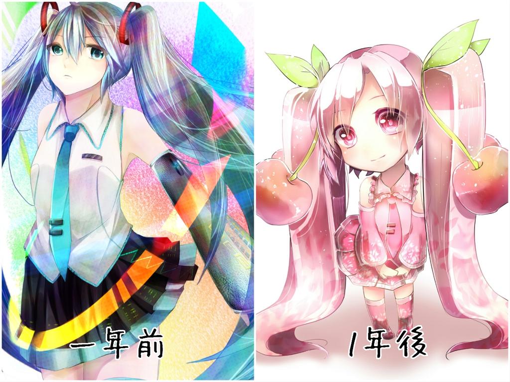 初音ミク ,桜ミク 「一年比較  しかし我ながら結構変わりがないように見える。  そもそもミニキャラと」|ねぎまぷりん✨️100枚目に万フォロワーになる絵師のイラスト