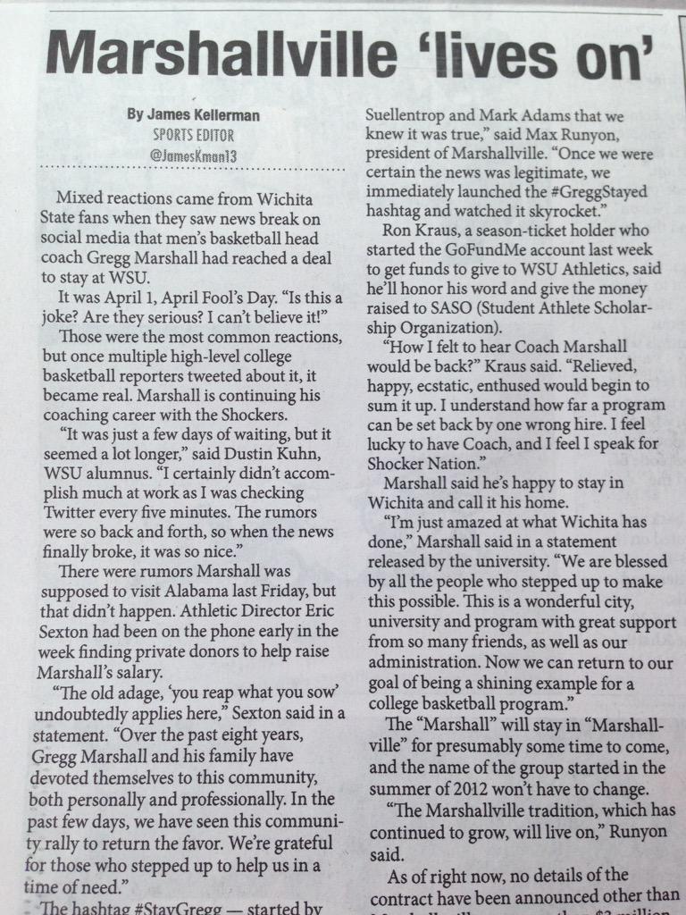 mville_wsu's tweet photo. Awesome article by @JamesKman13 of the @sunflowernews! We're all happy #GreggStayed #Marshallville http://t.co/1ZznhkDpOJ