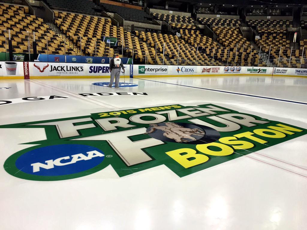There she is! #Boston #FrozenFour center ice logo officially installed at #TDGarden. Takes about 1hr to place &amp; set.