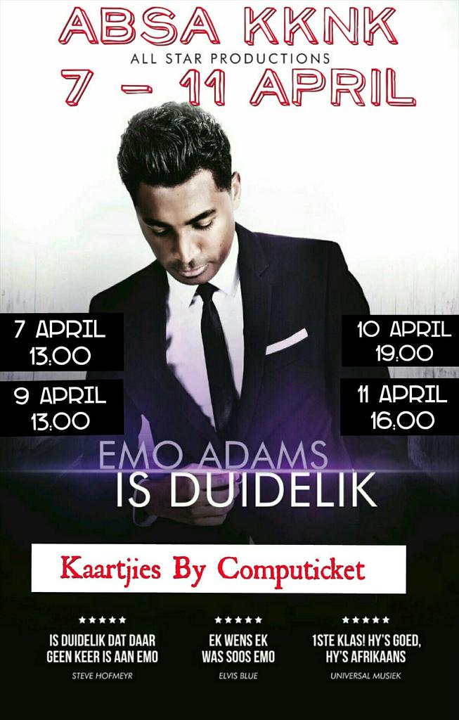 emoadams's tweet photo. My Solo Show Begin Môre By #AbsaKKNK
Ek Is Ready Vir Die Move #IsDuidelik http://t.co/t9WDhU567j