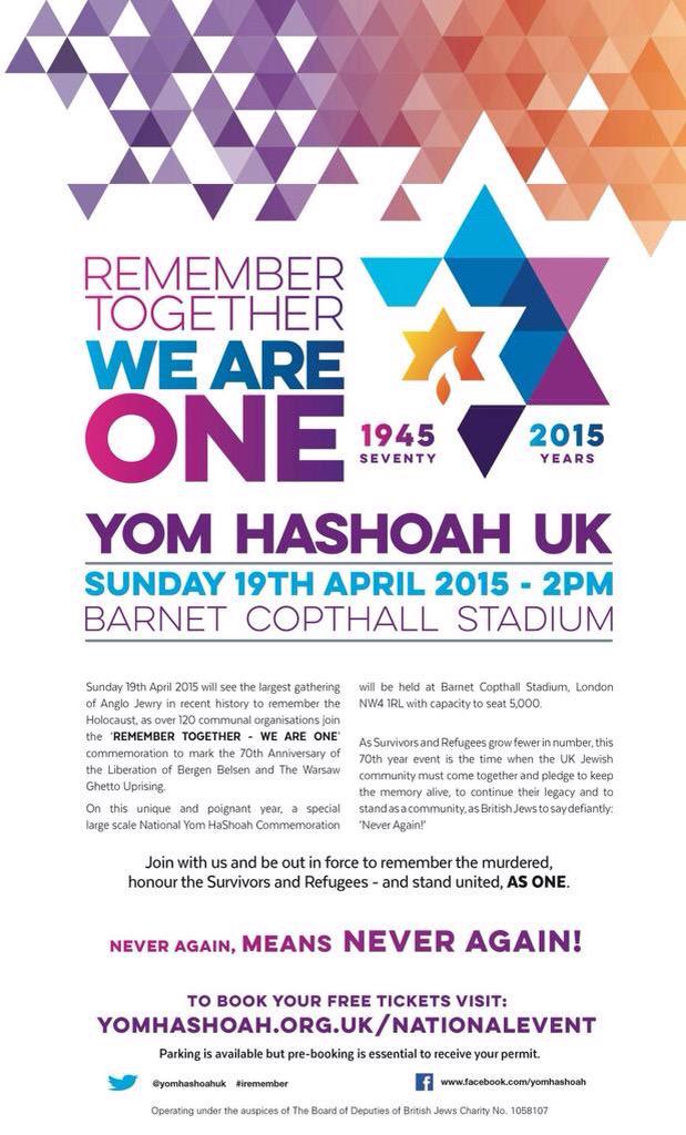 yomhashoahuk's tweet photo. Over 2000 applied online for FREE ticket so far, have you? http://t.co/0yx1FvDp48 Sun 19th April @simon_schama http://t.co/vW32w6b7UV