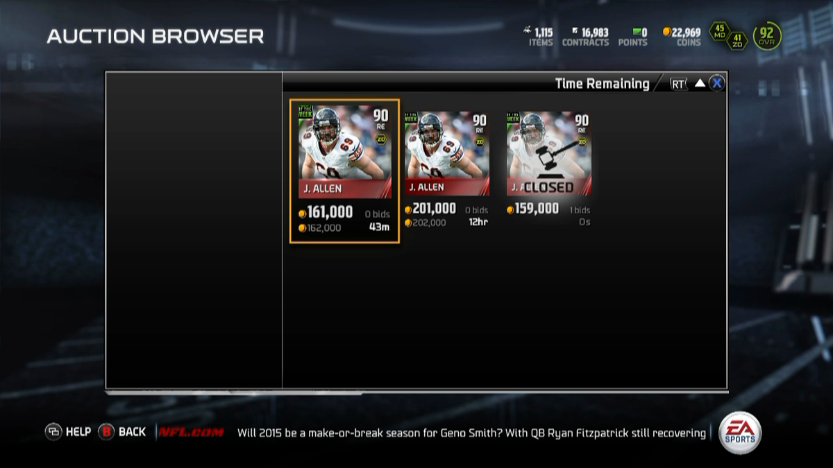 UTAuction's tweet photo. Only 2 Allen up right now. 159k just sold. #MUT15 #UTAuction http://t.co/jTz8CSa9TG