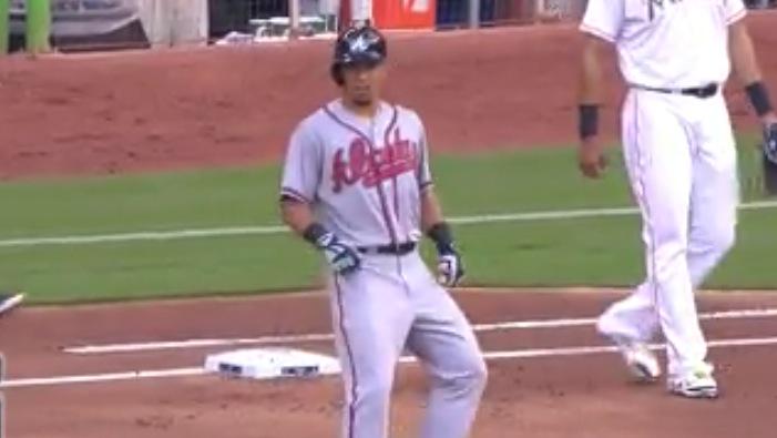 Braves's tweet photo. First hit of 2015 season: Jace Peterson. #BravesAreBack http://t.co/SqbrDKPxHU