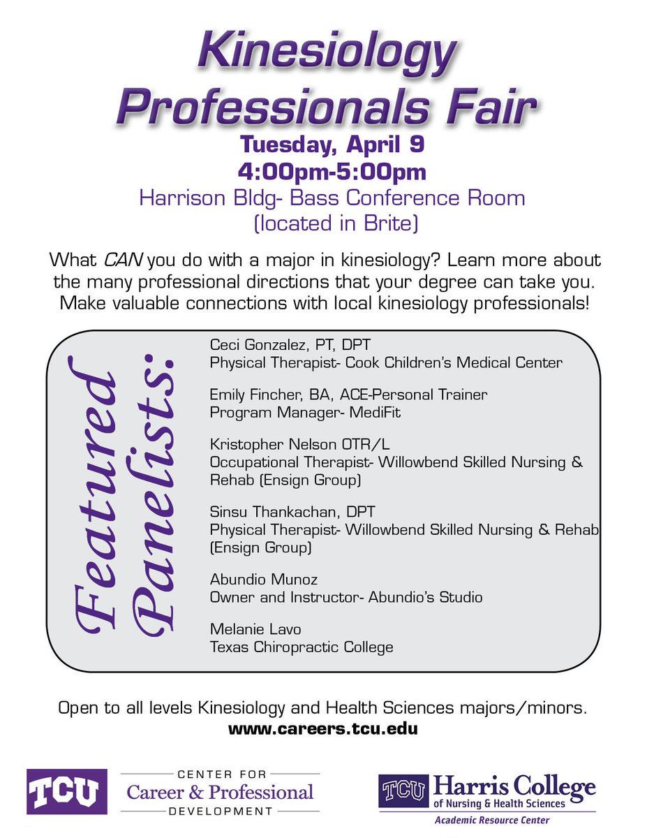<a href="/TCUKinesiology/">TCUKinesiology</a> students...make sure you attend the Professionals Fair on Thursday!