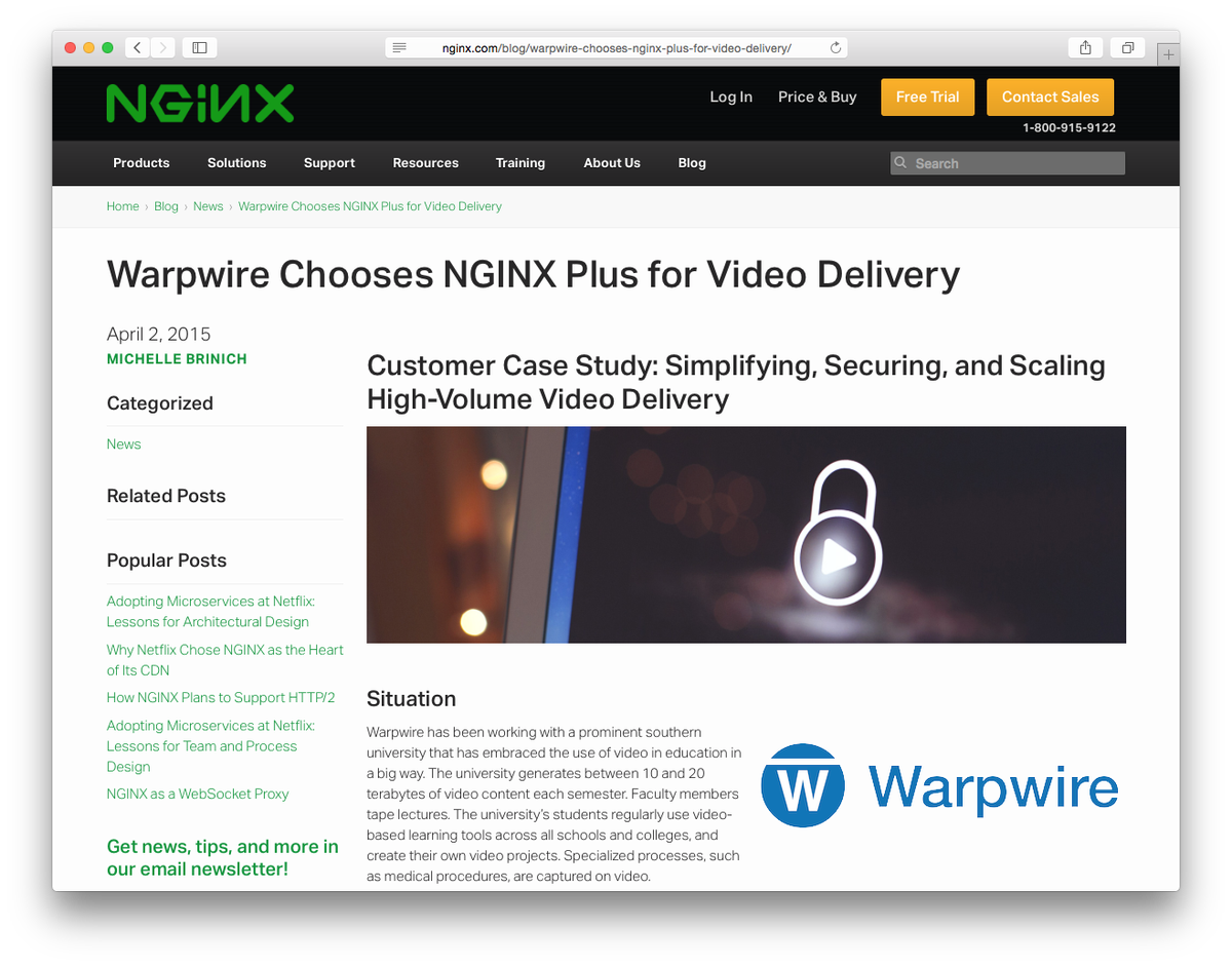 warpwire's tweet photo. Warpwire case study by @nginx: "Simplifying, Securing, and Scaling High-Volume Video Delivery" http://t.co/AmNNwlK27A http://t.co/ODmbUvMGHD