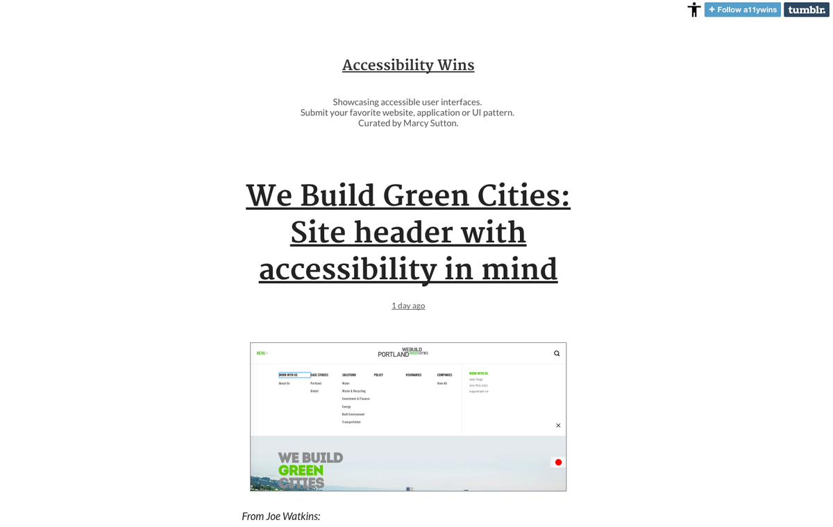 EmergeInteract's tweet image. Thanks to @marcysutton for the shoutout on Accessibility Wins a11ywins.tumblr.com/post/115522566… #a11y #a11ywins #webdev