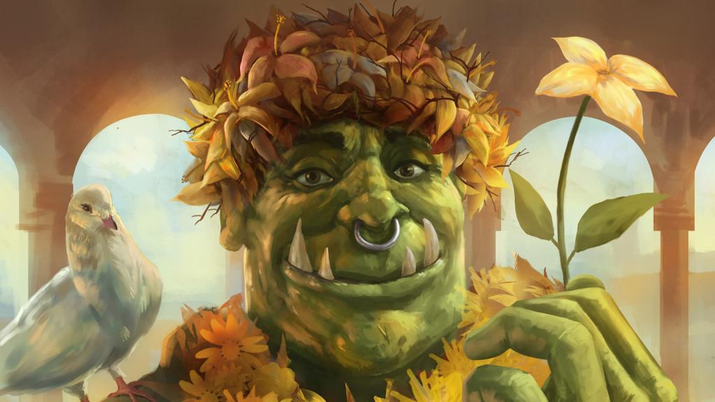 орк с цветами. красивый орк арт. добрый орк. орк wow art. огр маг днд.
