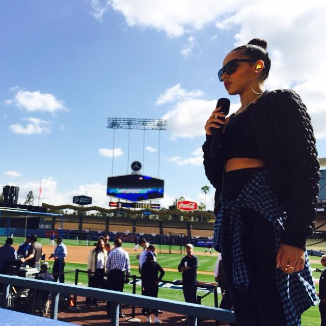 Tinashe's tweet photo. Getting ready to sing at @Dodgers opening Day! 1st game of the season.. let's go LA 💙 TUNE IN! http://t.co/e56MKL1FrM http://t.co/Zzj4uNIa0J
