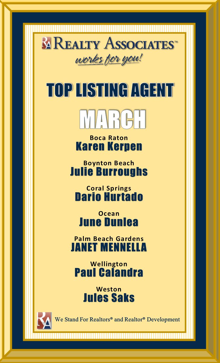 RealtyAssociate's tweet image. Congratulation to our top Listing Agents #listing #Florida #success