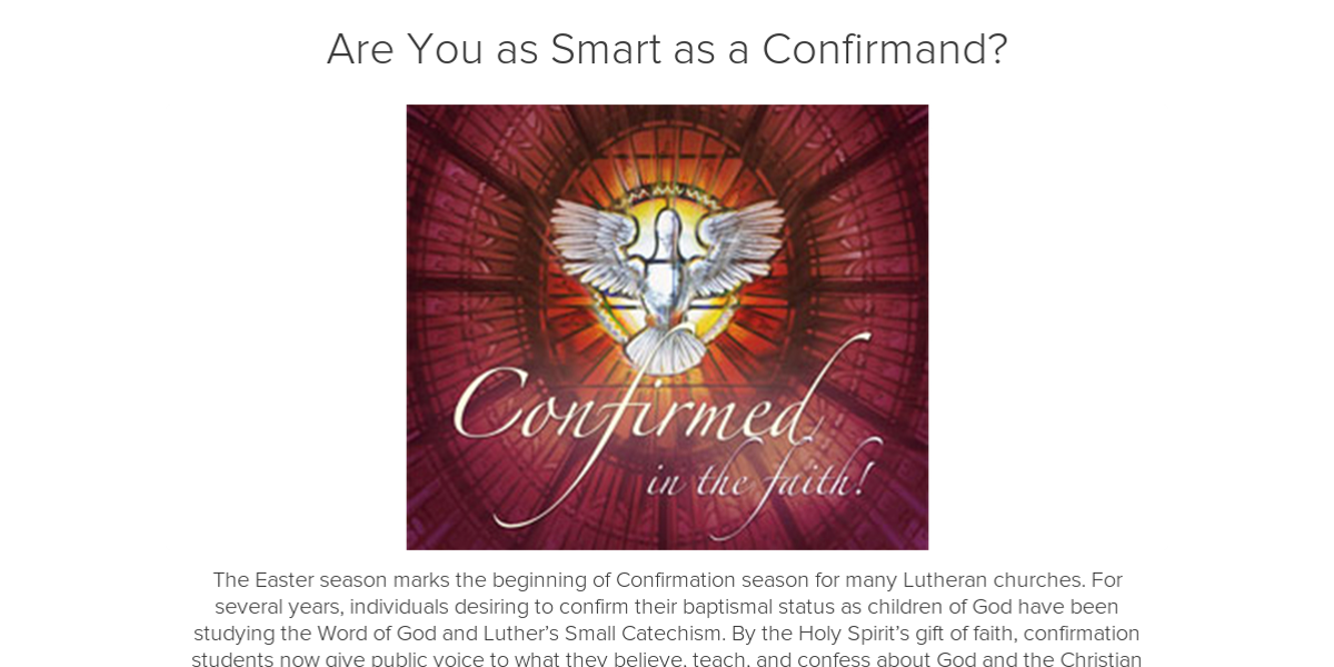 ConcordiaPub's tweet photo. Are you smarter than a confirmand? Take the quiz to find out! http://t.co/EFOM0lo3td http://t.co/MbQv7FI2O5