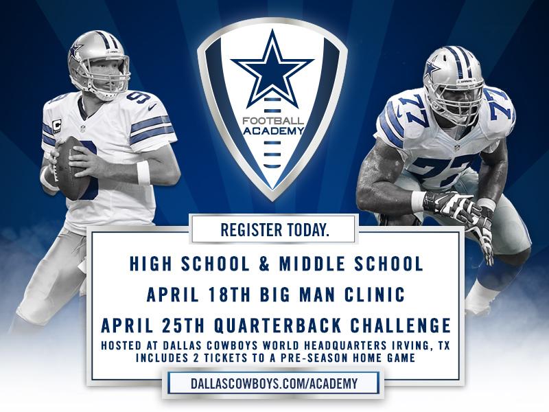 dallascowboys's tweet photo. Big Man Clinic on April 18th
Quarterback Challenge on April 25th 

Registration: http://t.co/EGtD1MSGAn http://t.co/9H3npRmcHm