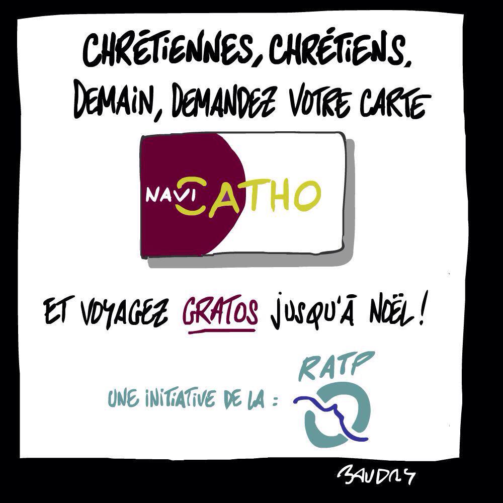 grandludo's tweet photo. Plus fort que le naviGO, découvrez "naviCATHO" de la #RATP.
Excellent dessin de @hervebaudry .
#RATPgate http://t.co/d5C0o0XRjD