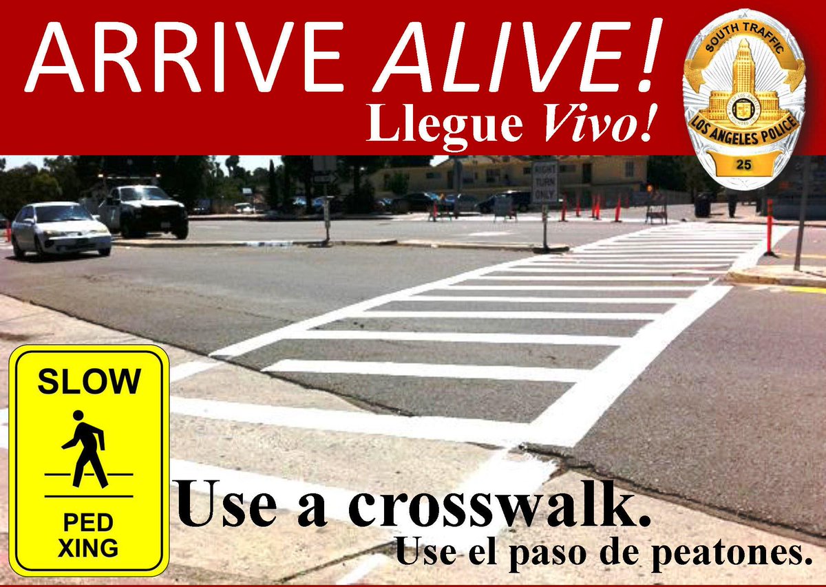 #LAPD Pedestrians (Peds): Pls use crosswalk, obey traffic signals. Drivers: Pls watch for bikes &amp; peds. Be Safe!