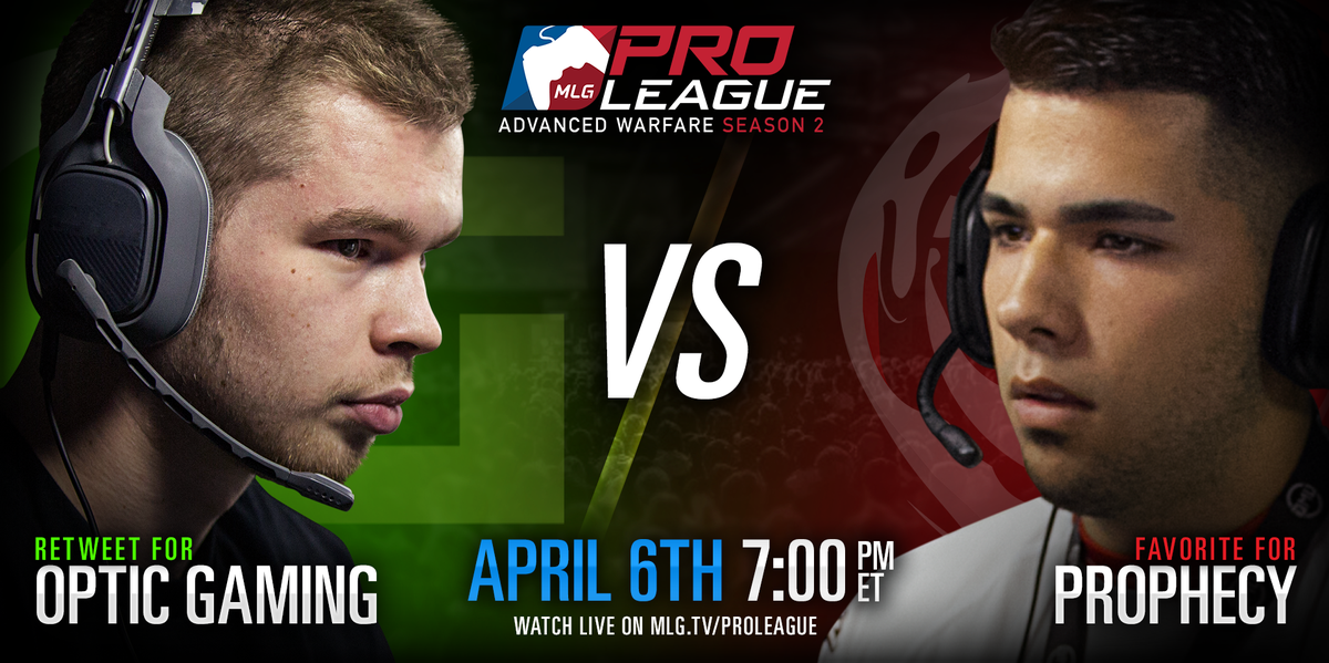 MLG's tweet photo. 7:00 PM ET Tonight: @OpTicGaming vs @ProphecyTeam!

#GreenWall or #Prophecy?

Watch here--> http://t.co/eIFpcXwFVo http://t.co/y0BDVF1dH8