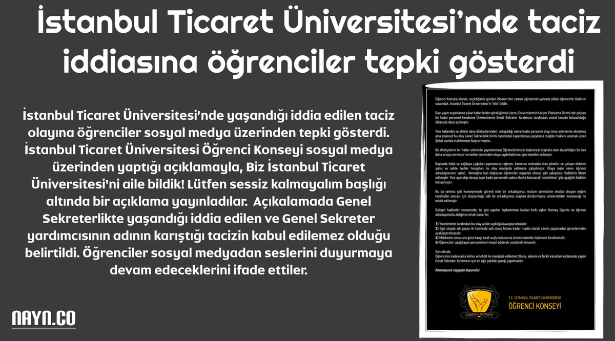İstanbul Ticaret Üniversitesi’nde taciz iddiasına öğrenciler tepki gösterdi
nayn.co