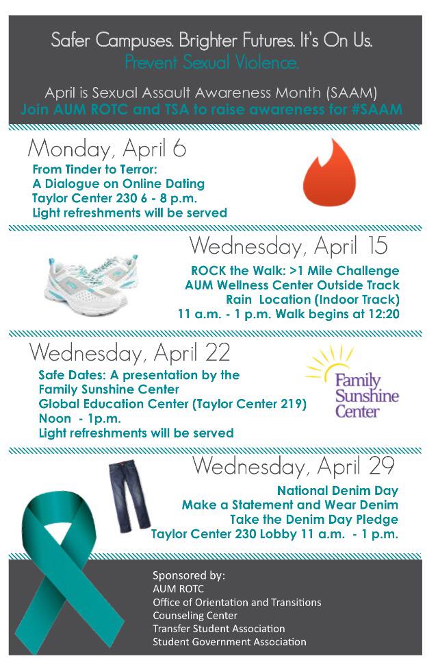 April is Sexual Assault Awareness Month. Don't #AUMSAAM events presented by AUM ROTC and <a href="/AUM_TSA/">AUM_TSA</a> this month!