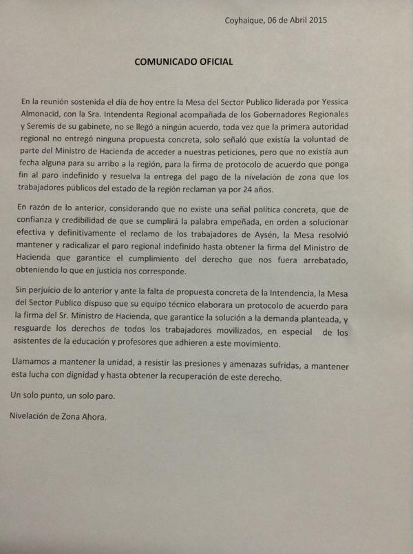 ElChelenko's tweet photo. ATENCIÓN: Comunicado de la mesa pública, tras reunión con Intendencia. Sigue Aysén movilizado. #nivelaciondezonaahora http://t.co/2zAJjDdpQF