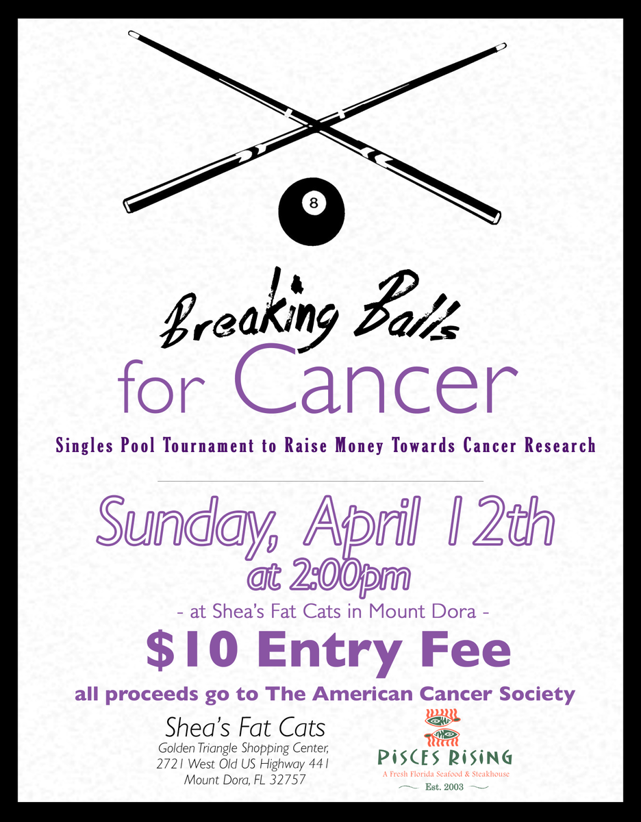 PiscesRising239's tweet photo. #BreakingBallsForCancer #PoolTournament at Shea's Fat Cats to help raise money towards Cancer Research! 4/12 at 2PM http://t.co/UJSQaYUX4H