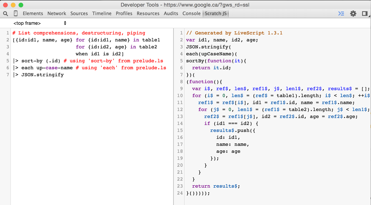 richgilbank's tweet image. If you’re curious about #LiveScript and want to try it out, good news! It’s now in Scratch JS: goo.gl/x3JVAU