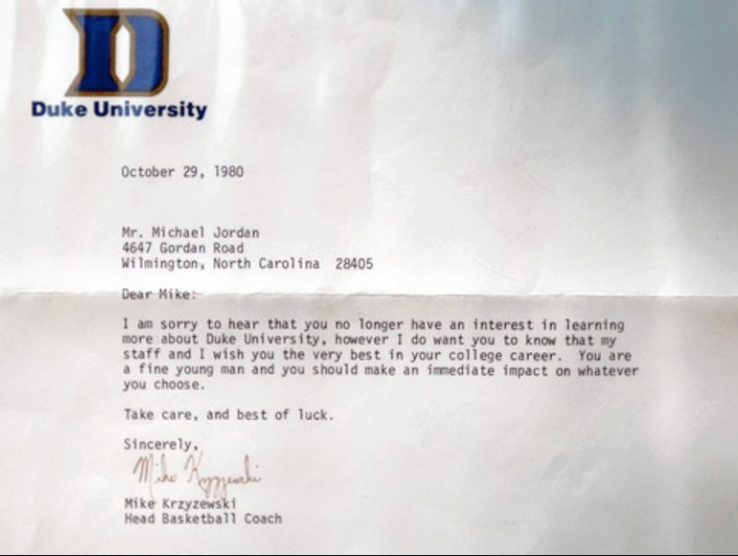 darrenrovell's tweet photo. Coach K's letter to Michael Jordan when he learned he wouldn't be coming to Duke http://t.co/pKYoTMPXNd