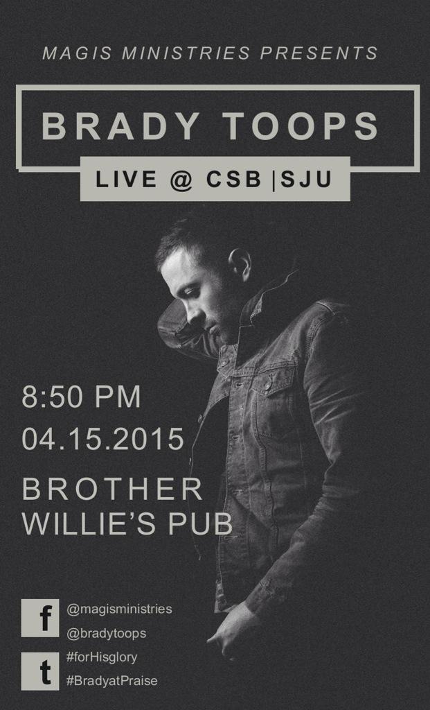 MagisMinistries's tweet photo. We are so excited for @bradytoops to join us next week at Praise in the Pub for the Spring Concert. #forHisglory http://t.co/tP9Zo8TMMQ