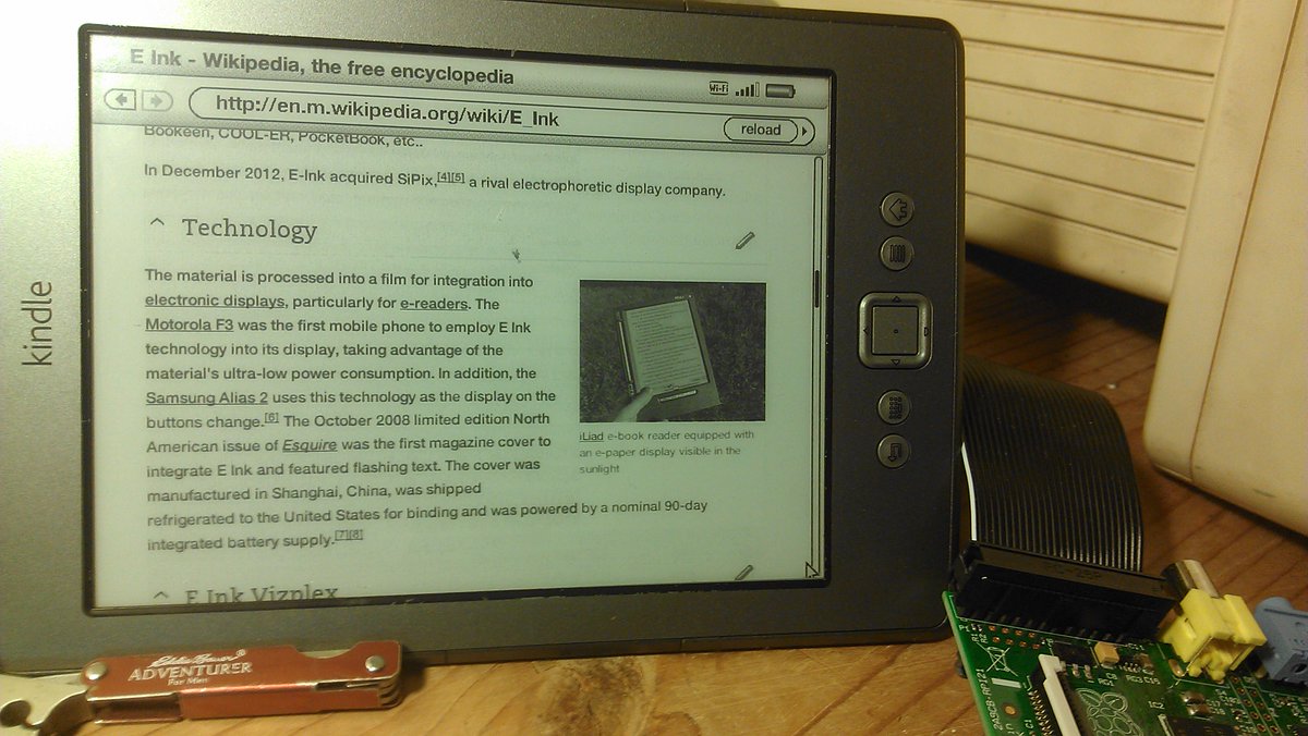 hackaday's tweet photo. A #HackadayPrize entry to create an ultra-low-power #RaspberryPi laptop with an E Ink display. http://t.co/3SmLBJUw56 http://t.co/LTLgwteBxd