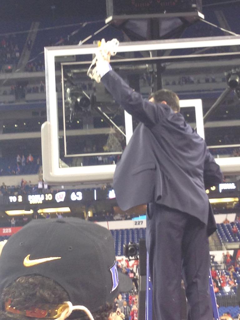 CBS4Indy's tweet photo. Coach K cuts down the final net at Lucas Oil Stadium. #IndyFinalFour #IndySportsCentral http://t.co/JO7cHHjxl9