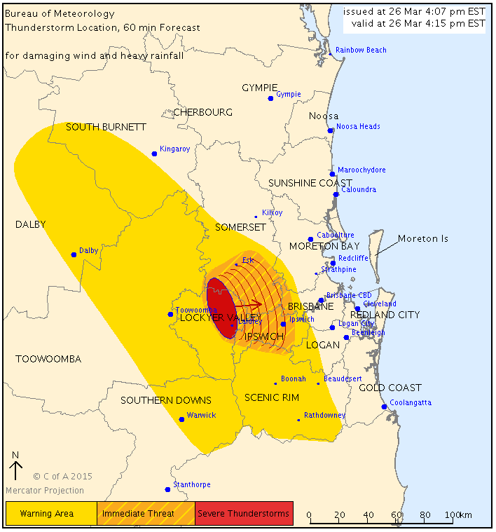ABCemergency's tweet photo. #QldStorms moving E, forecast affect area S of Esk, Rosewood &amp; Hatton Vale by 4:45pm http://t.co/CnVkF50iHz http://t.co/jOUIiJTyXh
