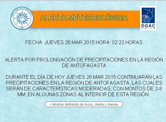 region2cl's tweet photo. Emiten Alerta Por Prolongación de Precipitaciones en la Región de #Antofagasta #Taltal #Calama #region2cl http://t.co/jOI6YsJC68